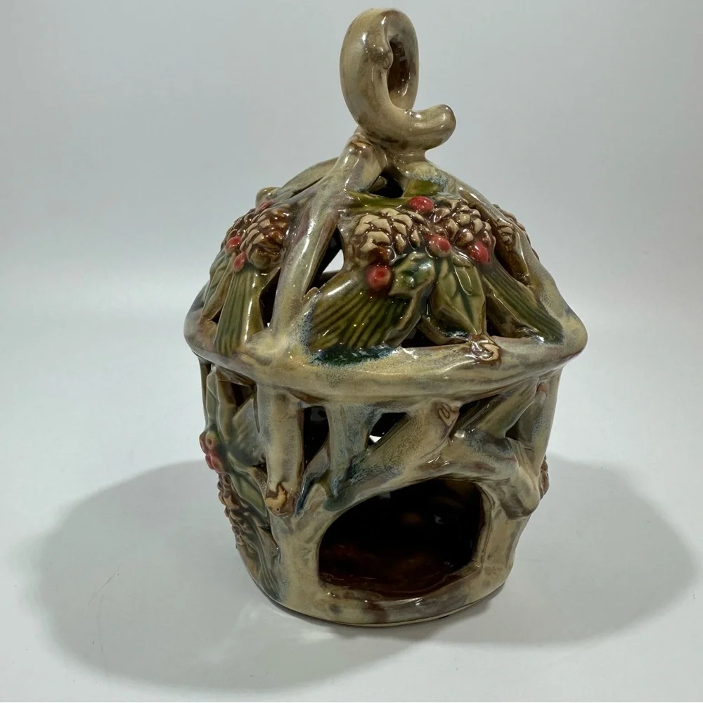 Vintage Hanging Holly Pinecone Holiday Winter Christmas Candle Holder Ceramic